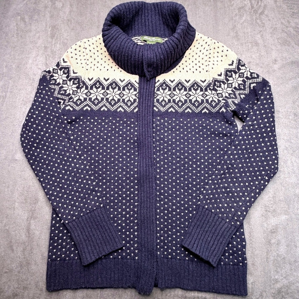 Vtg Eddie Bauer Womens Fair Isle Cardigan Sweater Sz M Turtleneck Navy‎ Y2K Ski